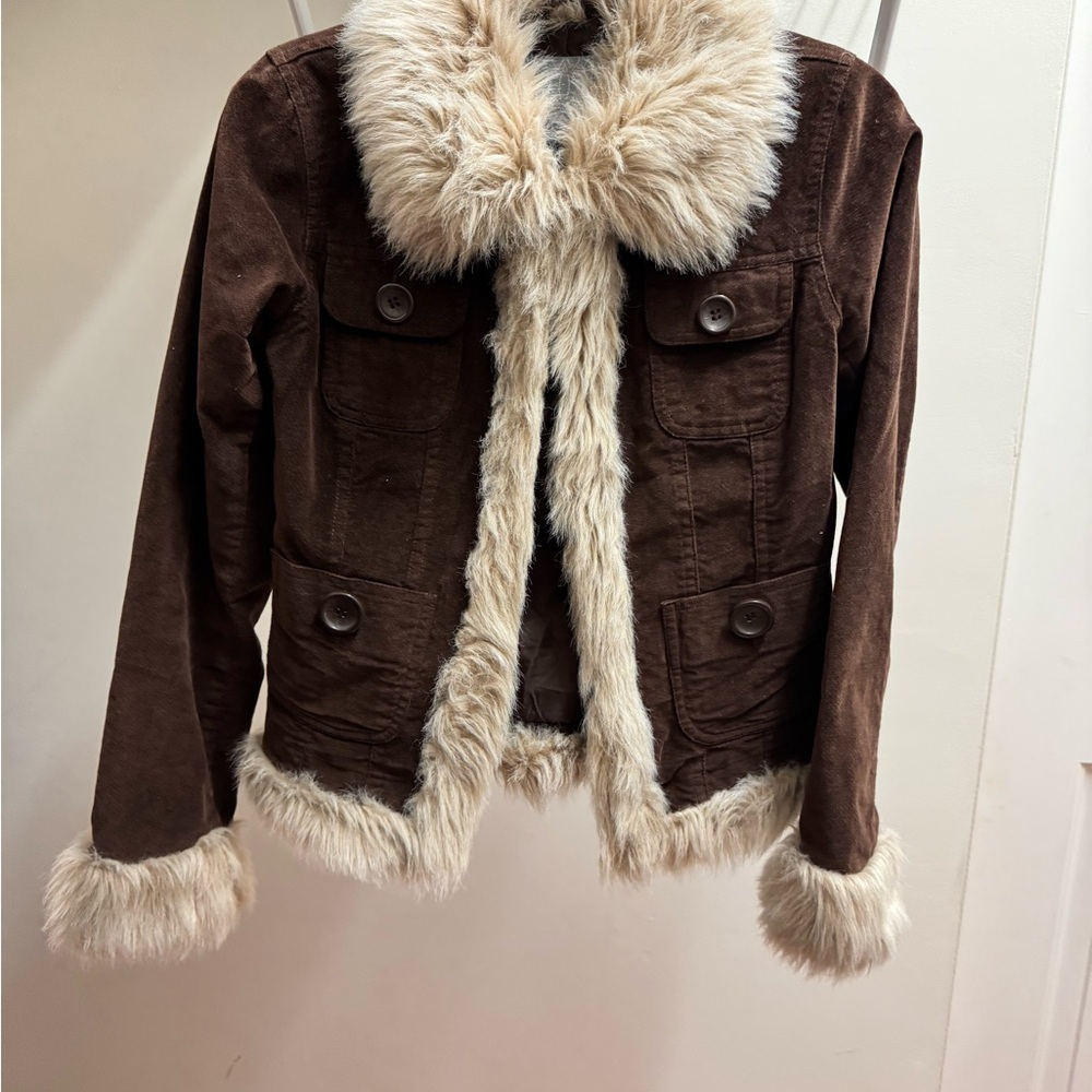 Y2K BB Dakota Dark Brown Faux Fur Trim Jacket Vintage 2000s